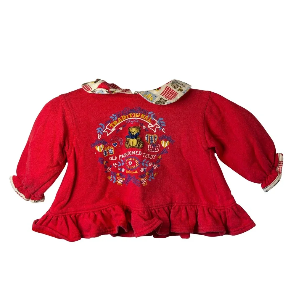 VTG Baby Gitano Sweatshirt Red Teddy Bear Ruffle‎ Collar 6/9 Months Baby Girls